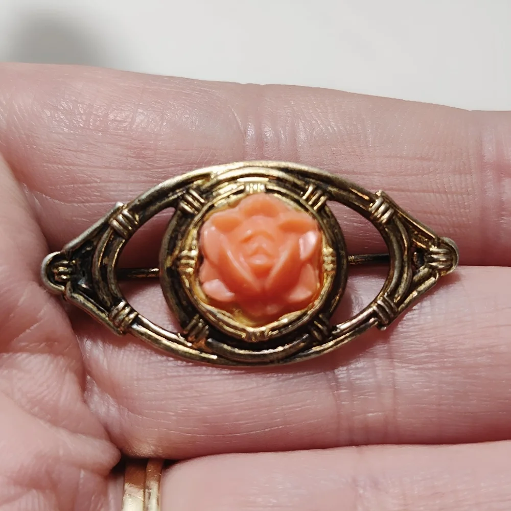 Vintage 1930's Sterling Silver Gold Vermeil Celluloid Coral Rose Brooch Pin